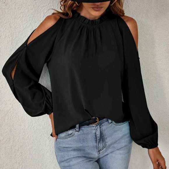 Boho Mock Neck Cold Shoulder Blouse - Picture 8 of 12